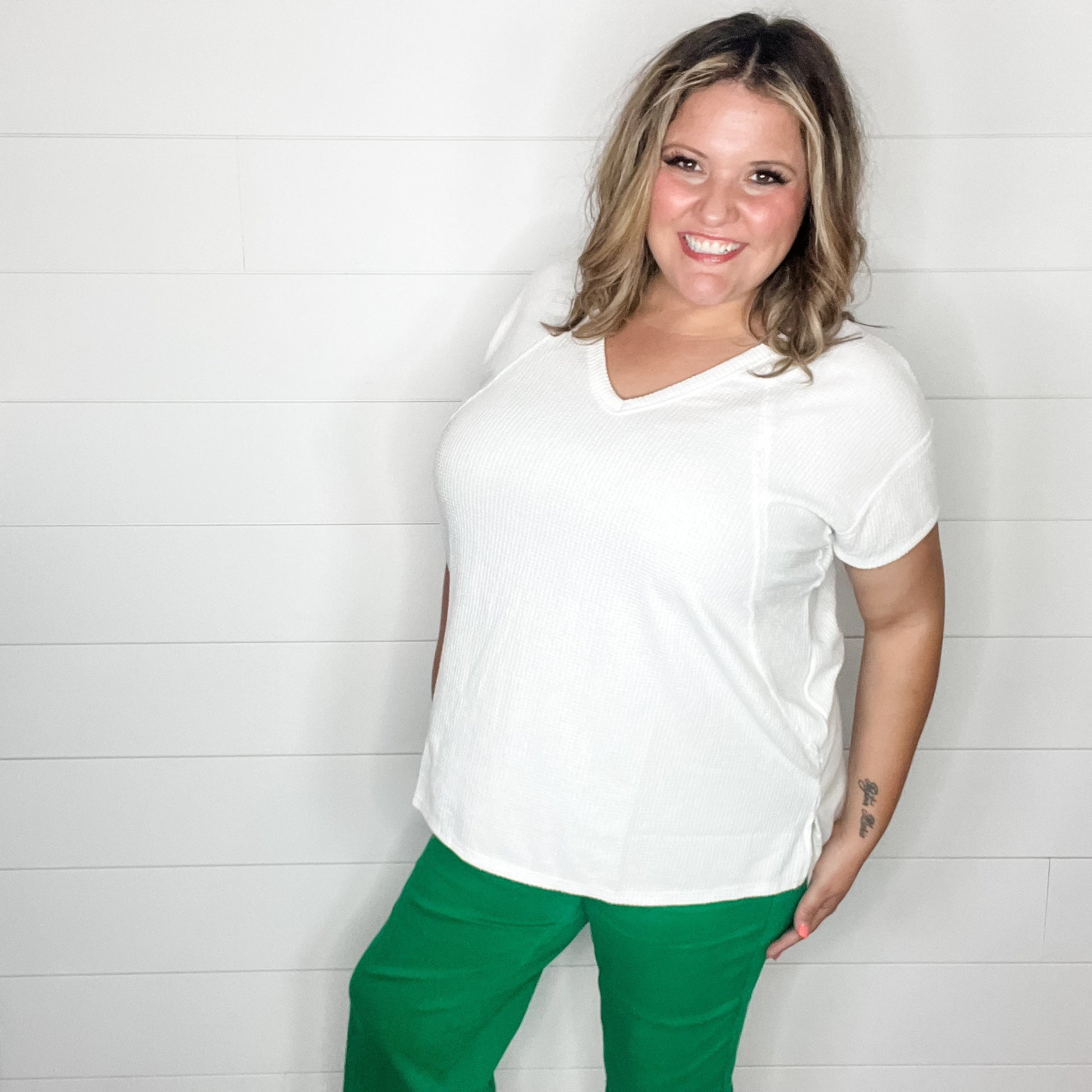 "Just Be You" Cap Sleeve U Neck Waffle Texture Tops (Ivory)
