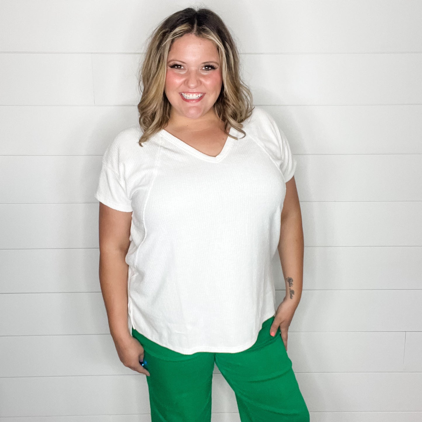 "Just Be You" Cap Sleeve U Neck Waffle Texture Tops (Ivory)