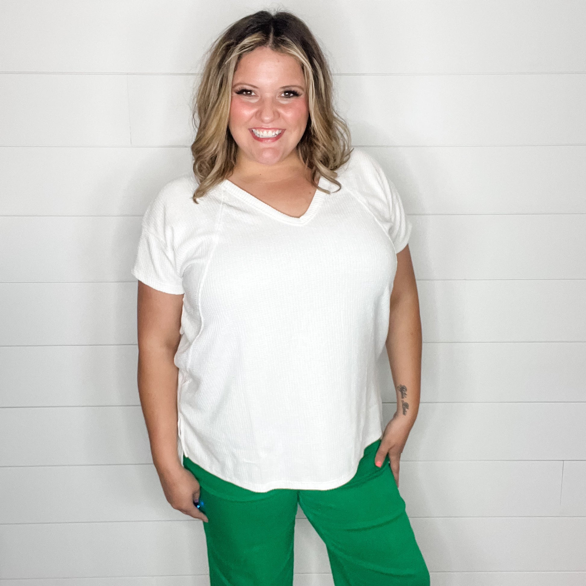 "Just Be You" Cap Sleeve U Neck Waffle Texture Tops (Ivory)