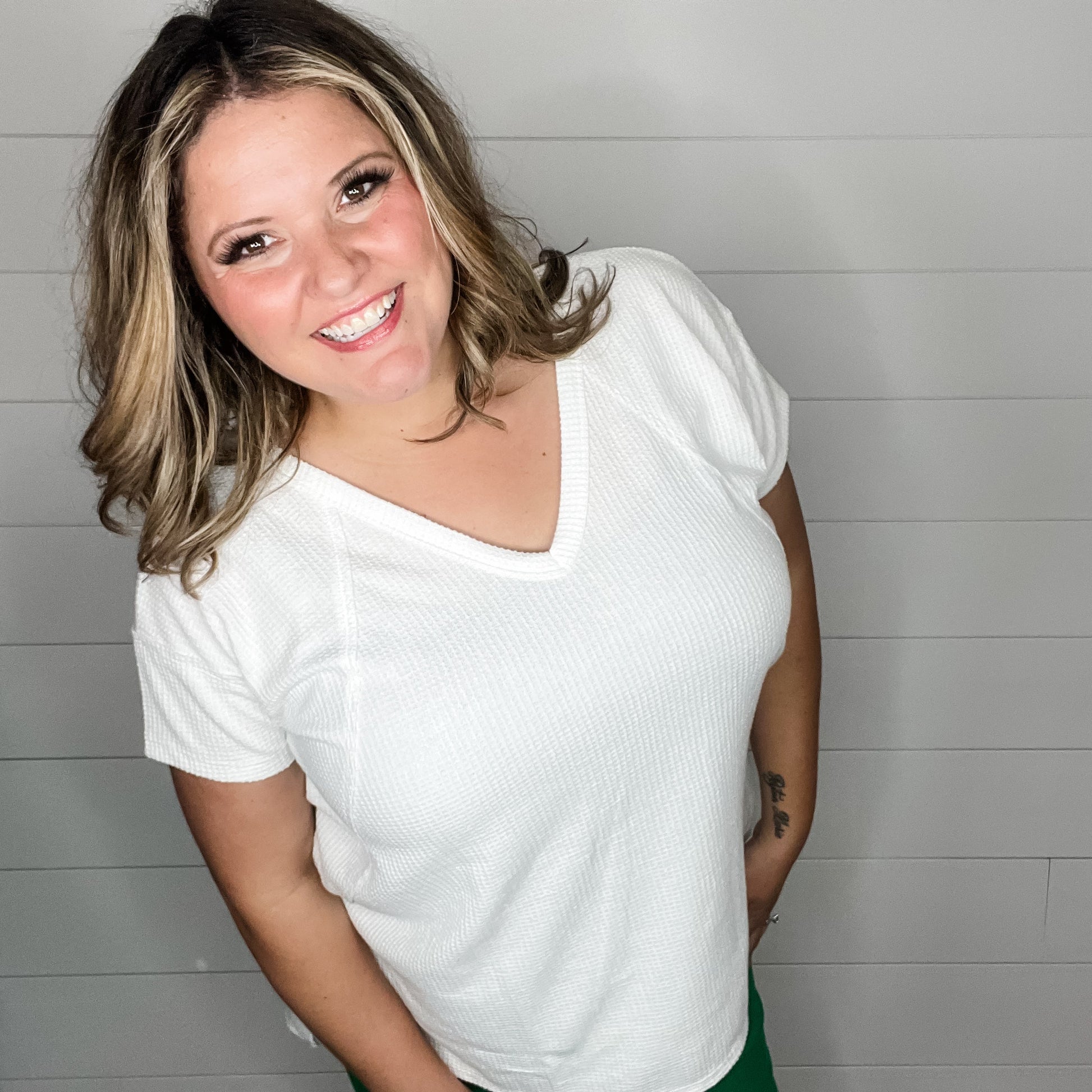 "Just Be You" Cap Sleeve U Neck Waffle Texture Tops (Ivory)
