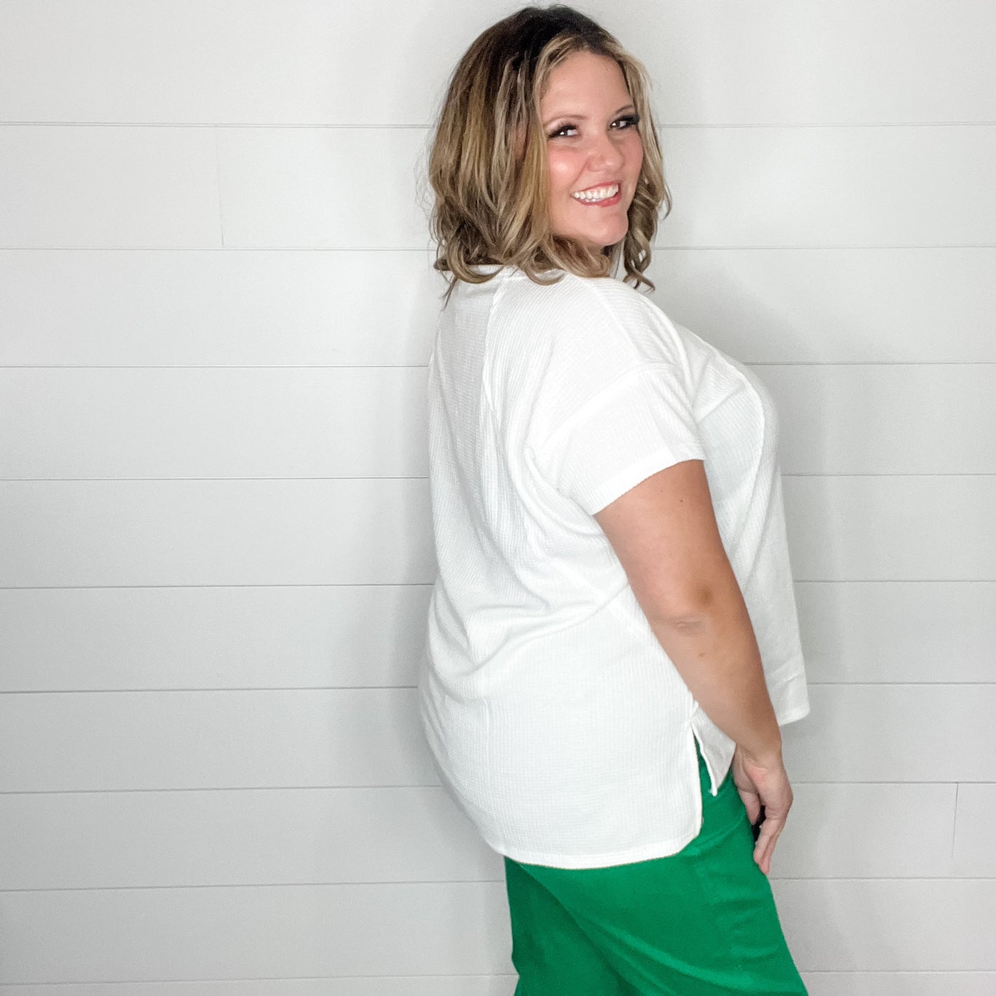 "Just Be You" Cap Sleeve U Neck Waffle Texture Tops (Ivory)