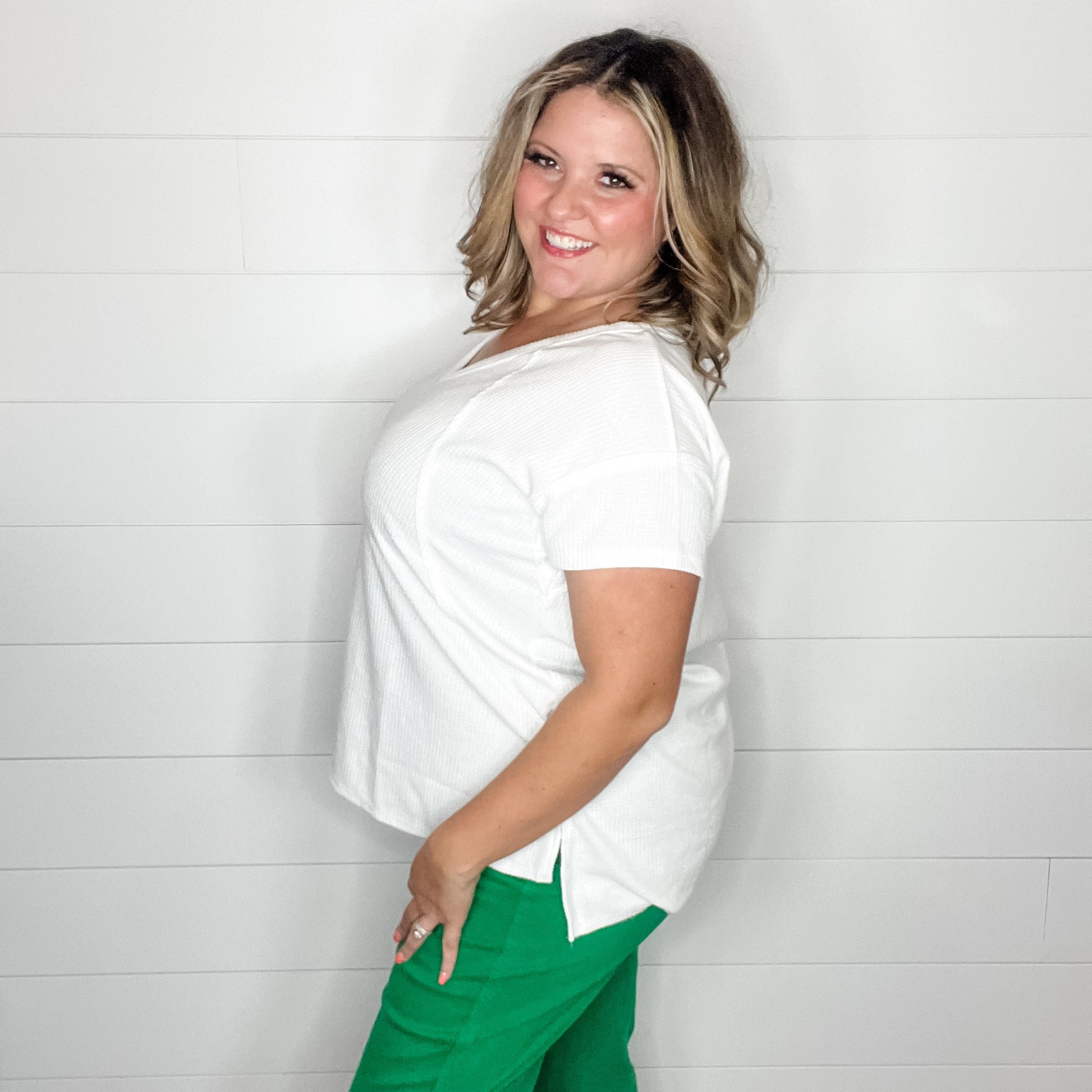 "Just Be You" Cap Sleeve U Neck Waffle Texture Tops (Ivory)