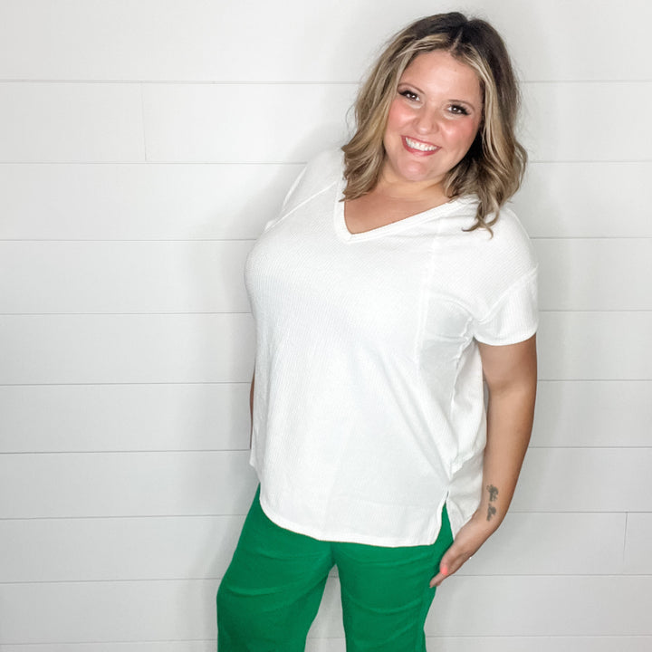 "Just Be You" Cap Sleeve U Neck Waffle Texture Tops (Ivory)