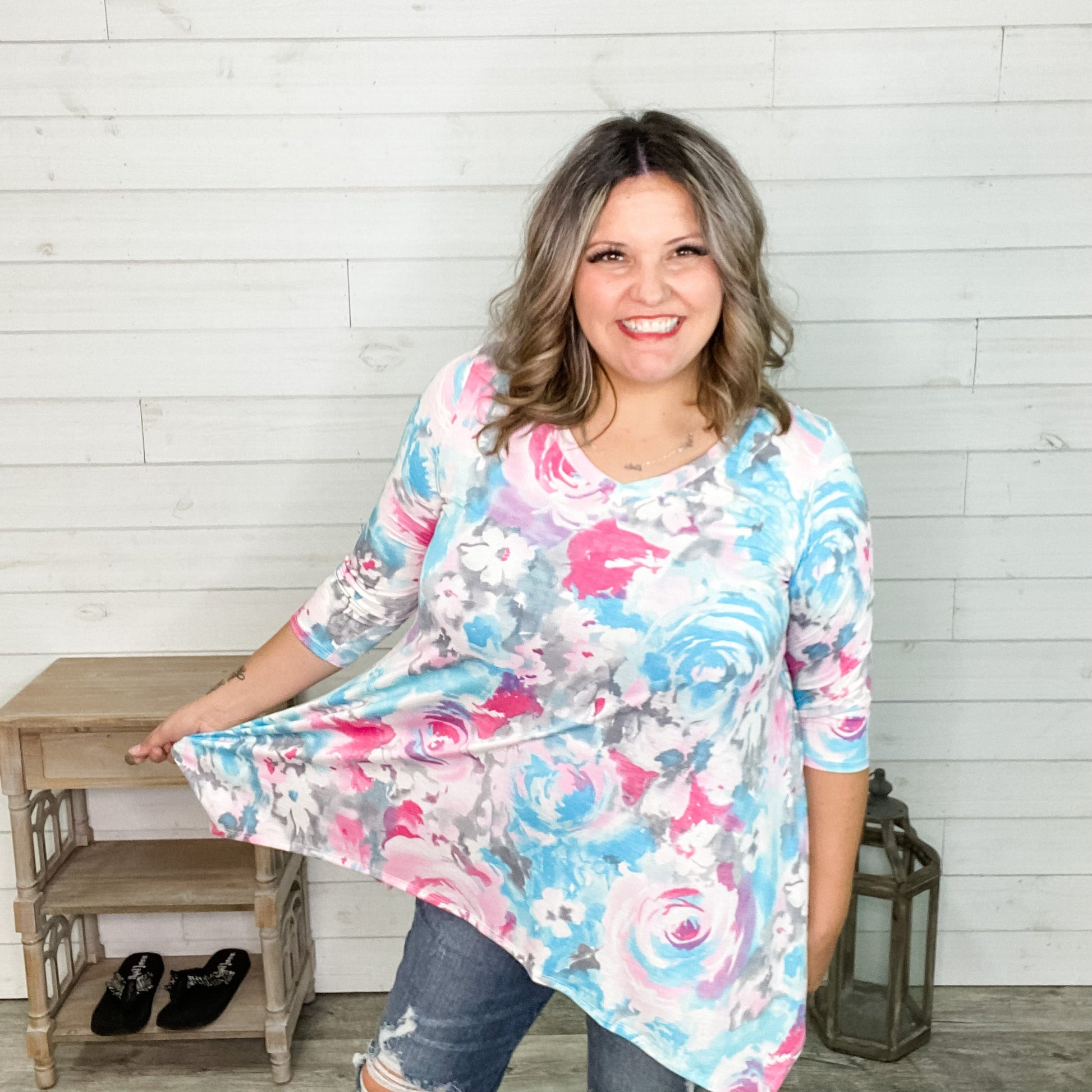 "Just Exhale" 3/4 Sleeve Floral V Neck Shark Bite Hem
