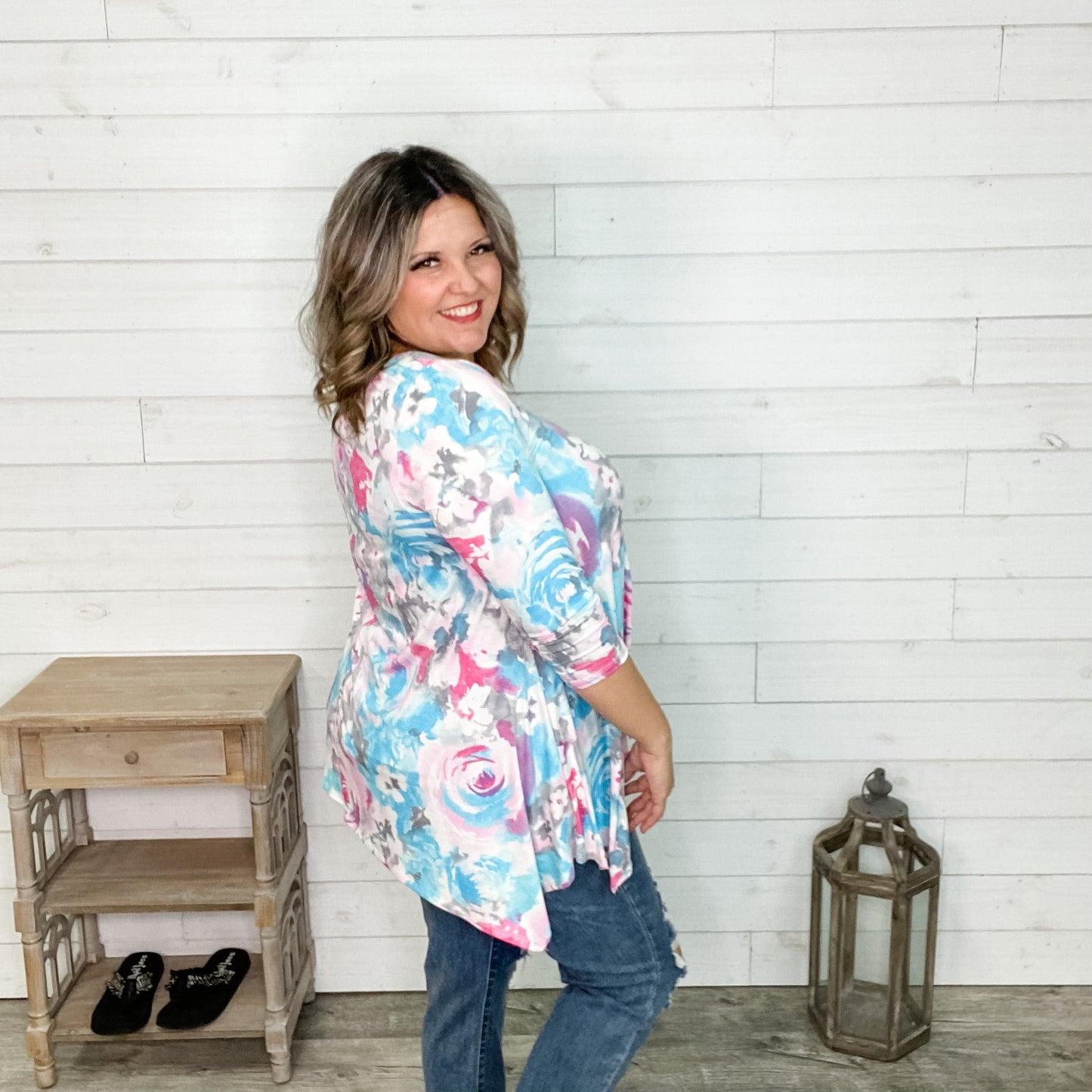 "Just Exhale" 3/4 Sleeve Floral V Neck Shark Bite Hem