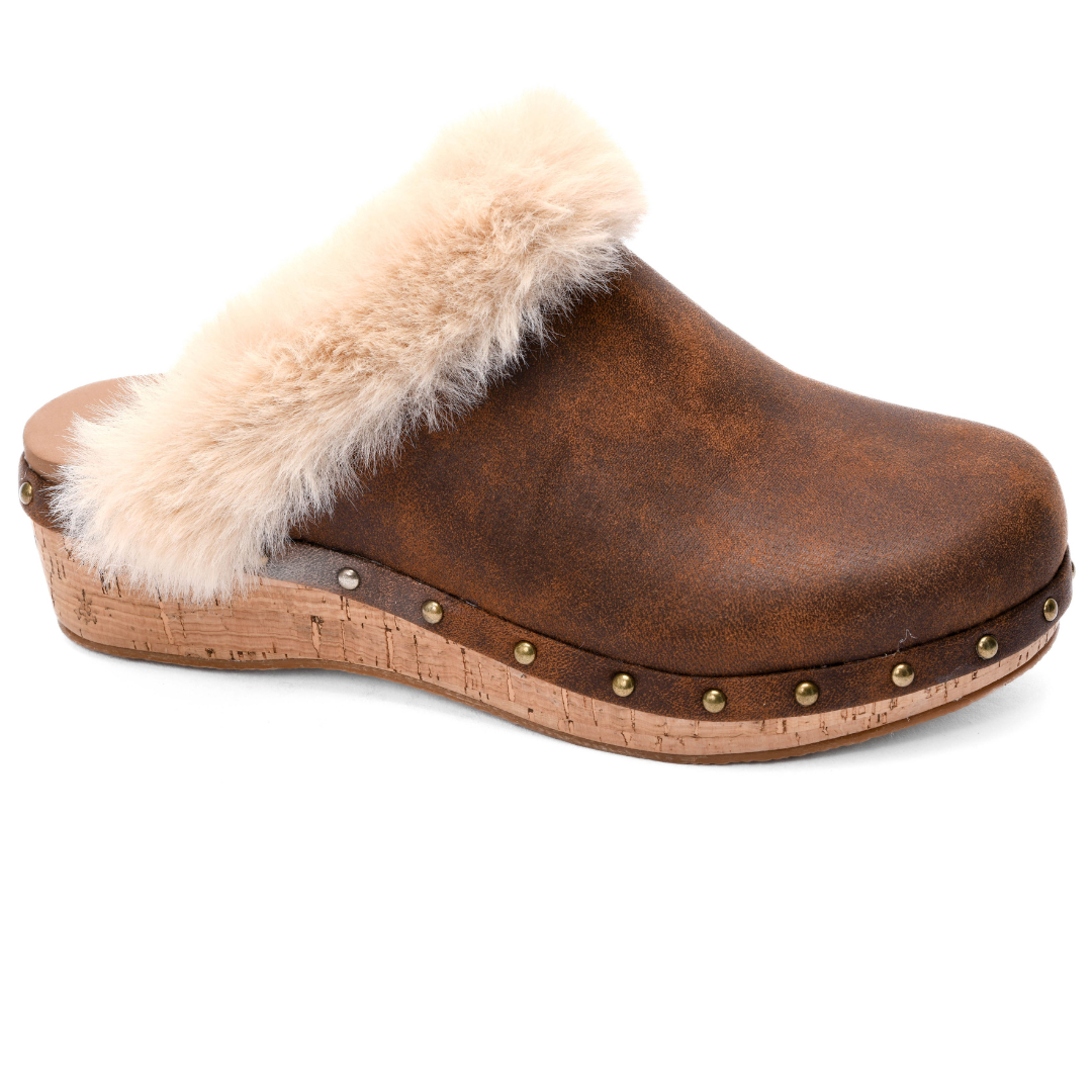 "Just Fur Fun" Fur Accented Mule (Tan)-Lola Monroe Boutique