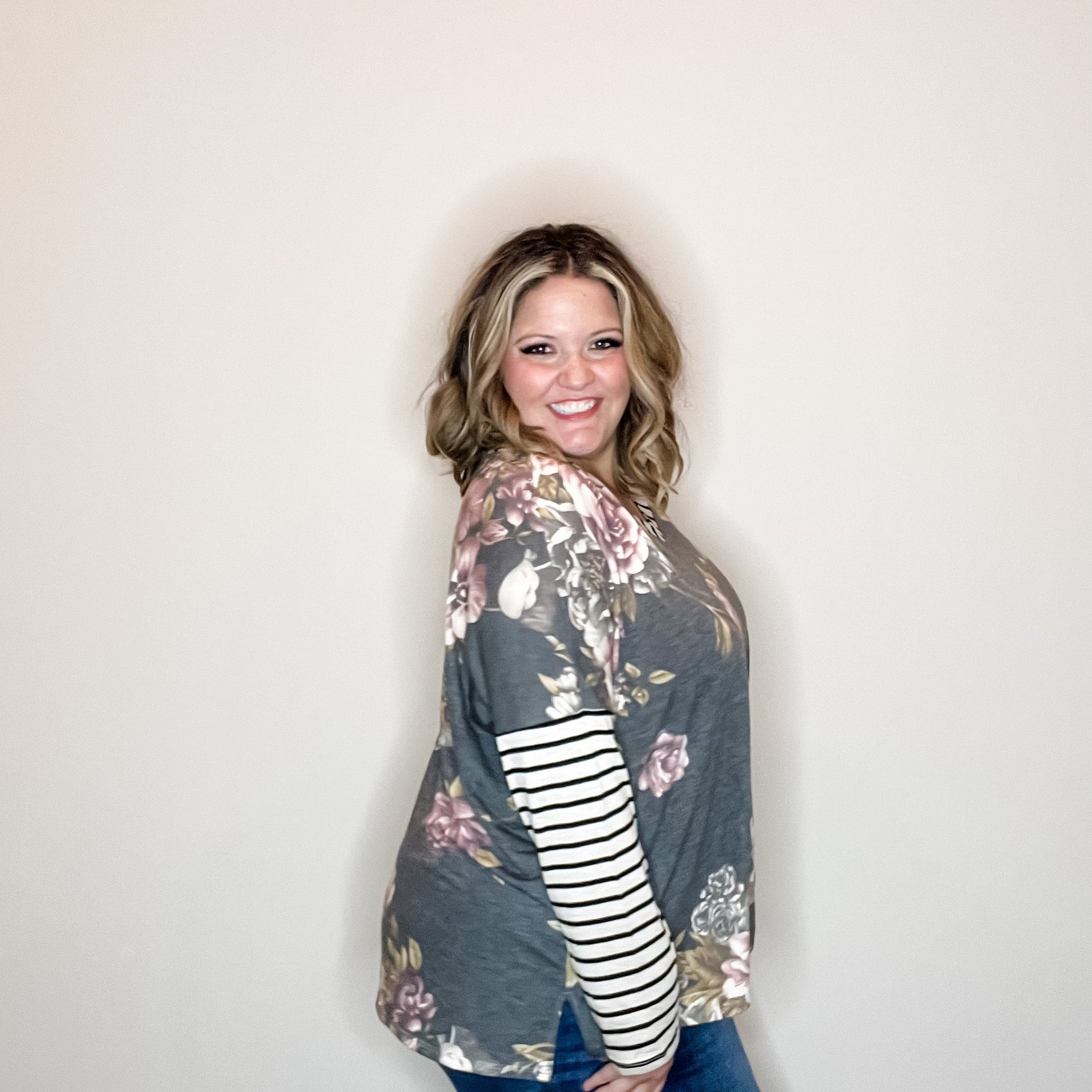 "Just Me" Long Sleeve Floral Body V Neck