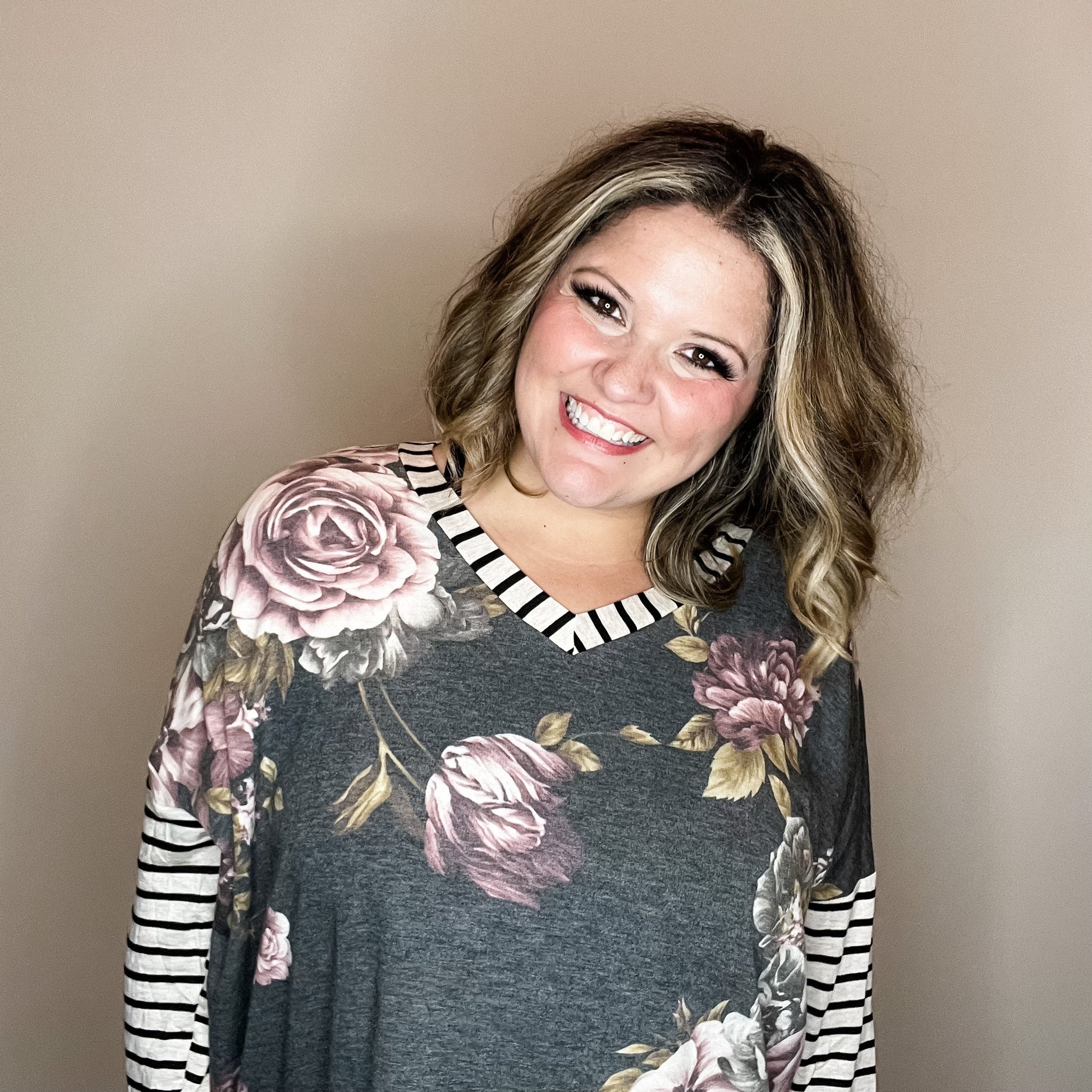 "Just Me" Long Sleeve Floral Body V Neck