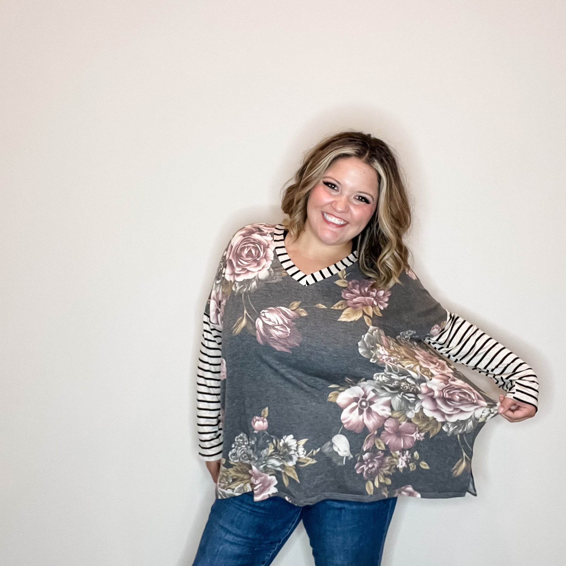 "Just Me" Long Sleeve Floral Body V Neck