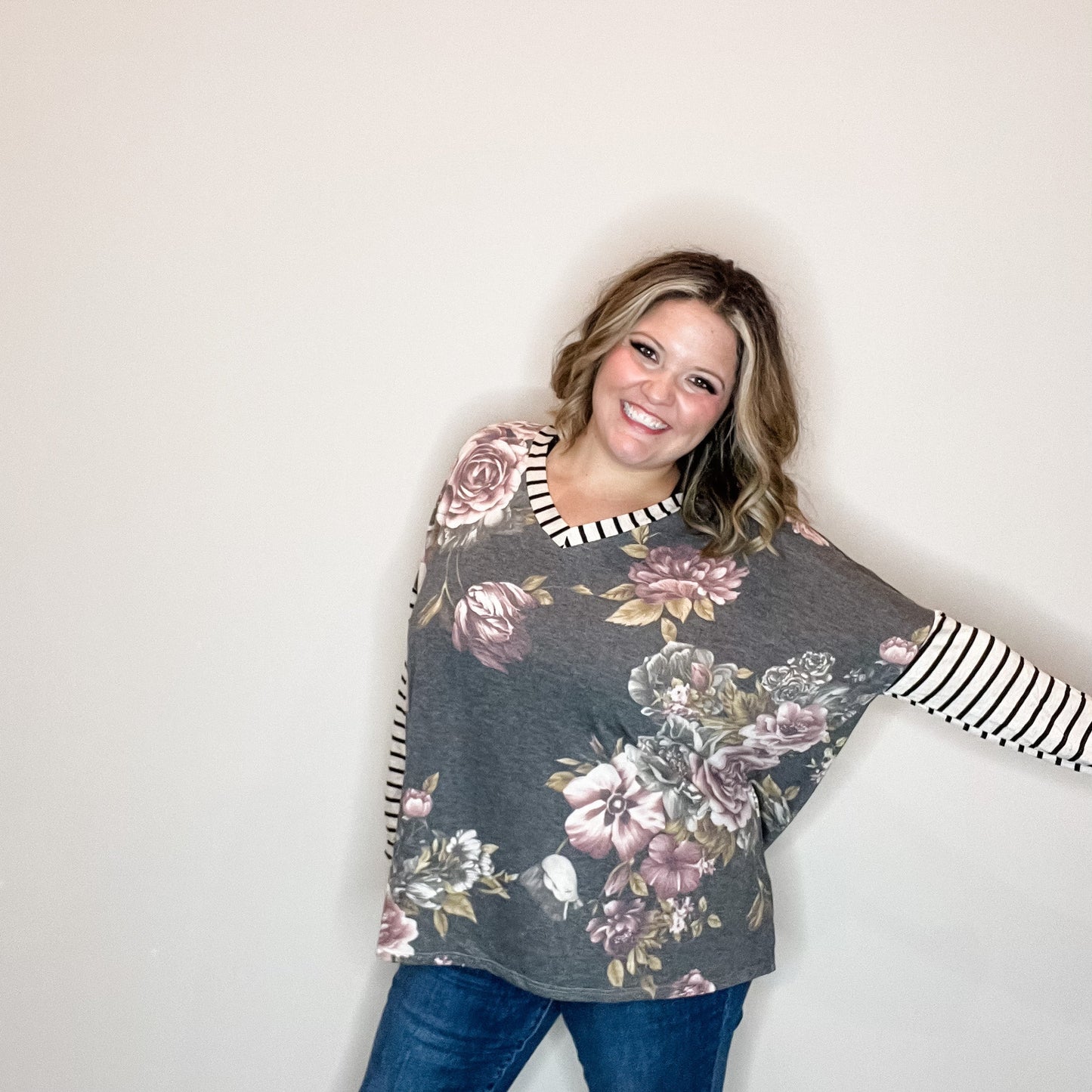 "Just Me" Long Sleeve Floral Body V Neck