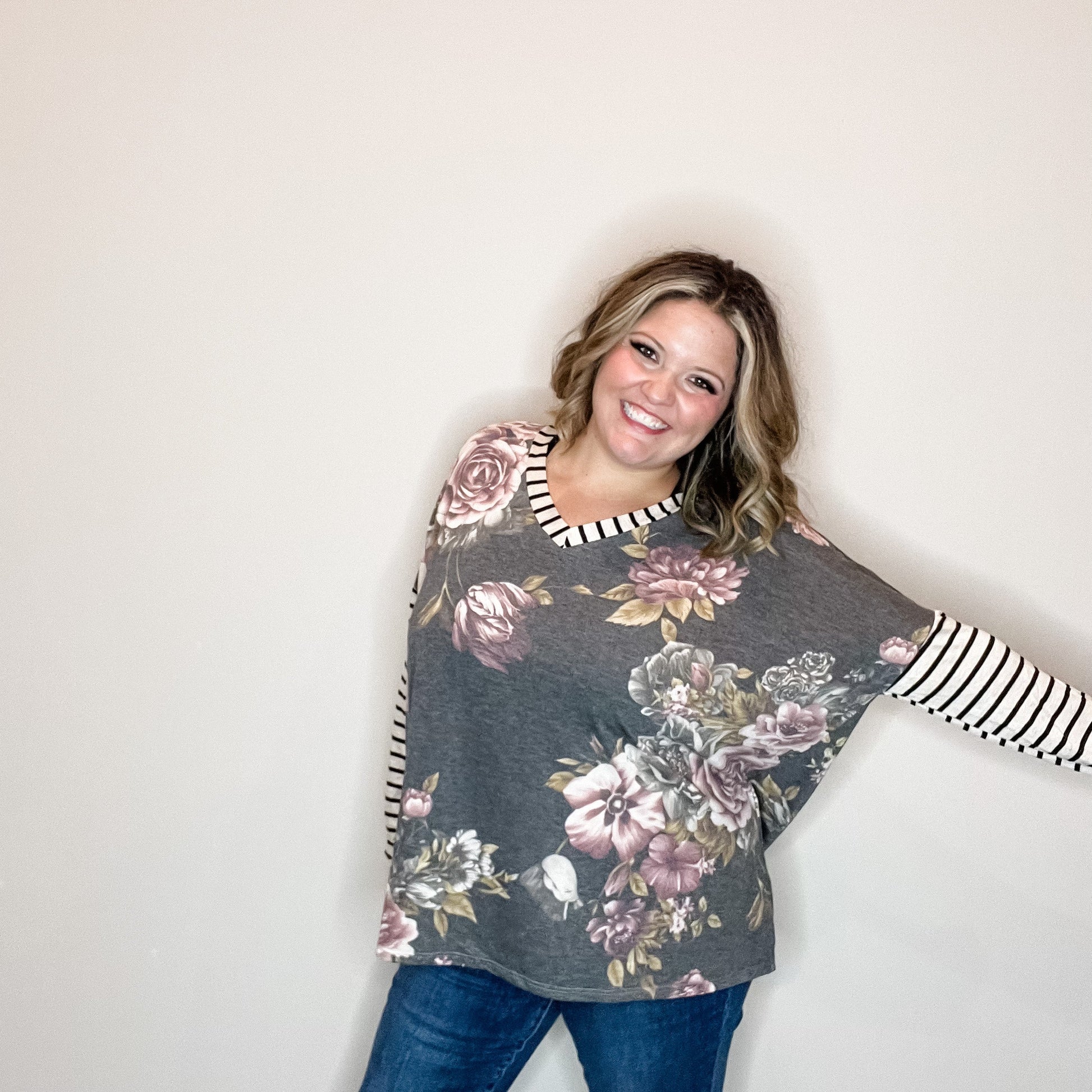 "Just Me" Long Sleeve Floral Body V Neck