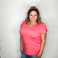 "Just The Beginning Chapter Two" Solid Tulip Sleeve V Neck (Coral)-Lola Monroe Boutique