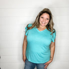 "Just The Beginning Chapter Two" Solid Tulip Sleeve V Neck (Turquoise)-Lola Monroe Boutique