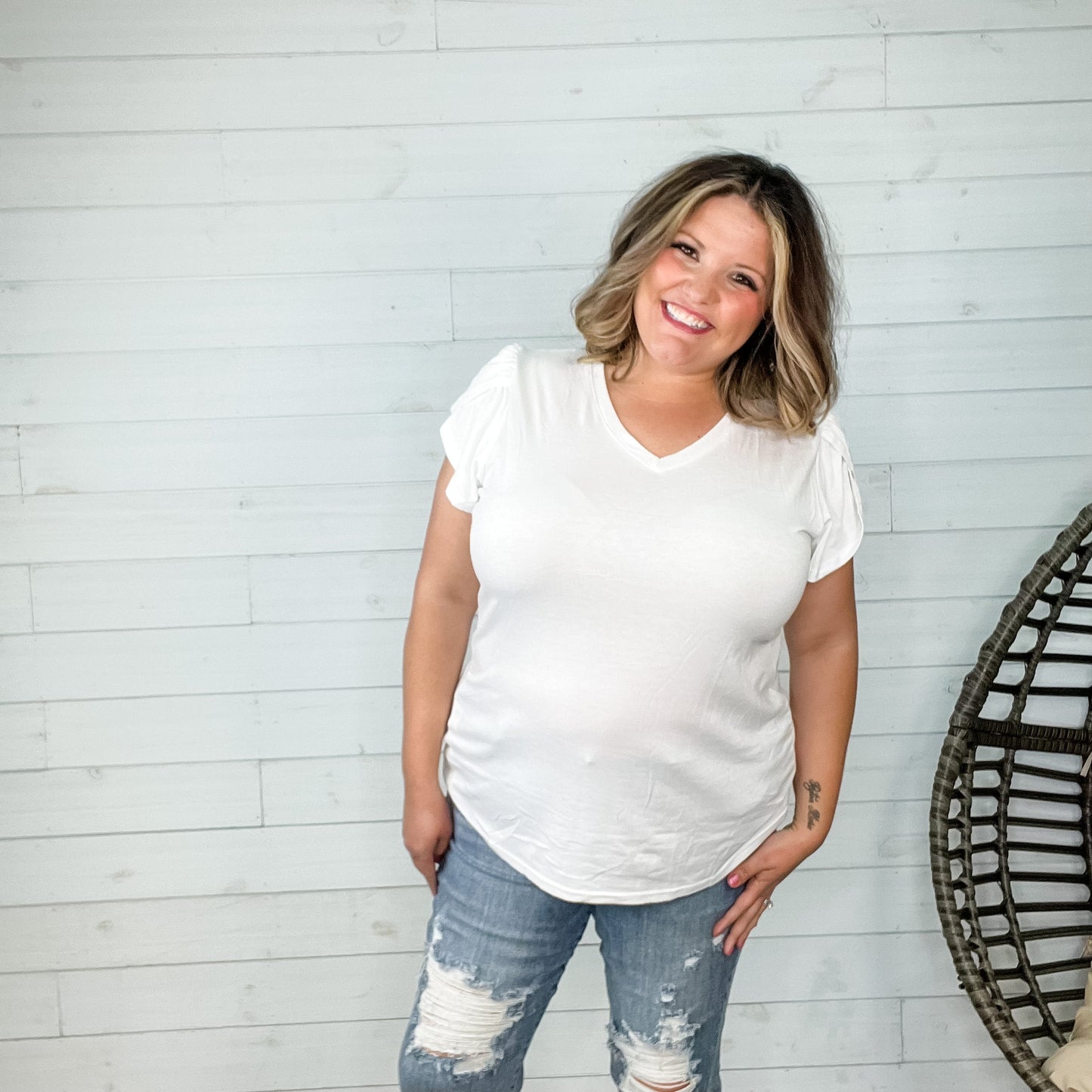 "Just The Beginning" Solid Tulip Sleeve V Neck (White)-Lola Monroe Boutique