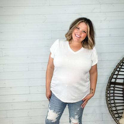 "Just The Beginning" Solid Tulip Sleeve V Neck (White)-Lola Monroe Boutique