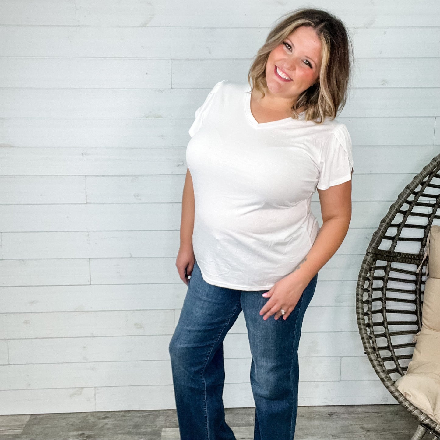 "Just The Beginning" Solid Tulip Sleeve V Neck (White)-Lola Monroe Boutique