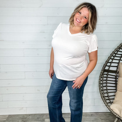 "Just The Beginning" Solid Tulip Sleeve V Neck (White)-Lola Monroe Boutique