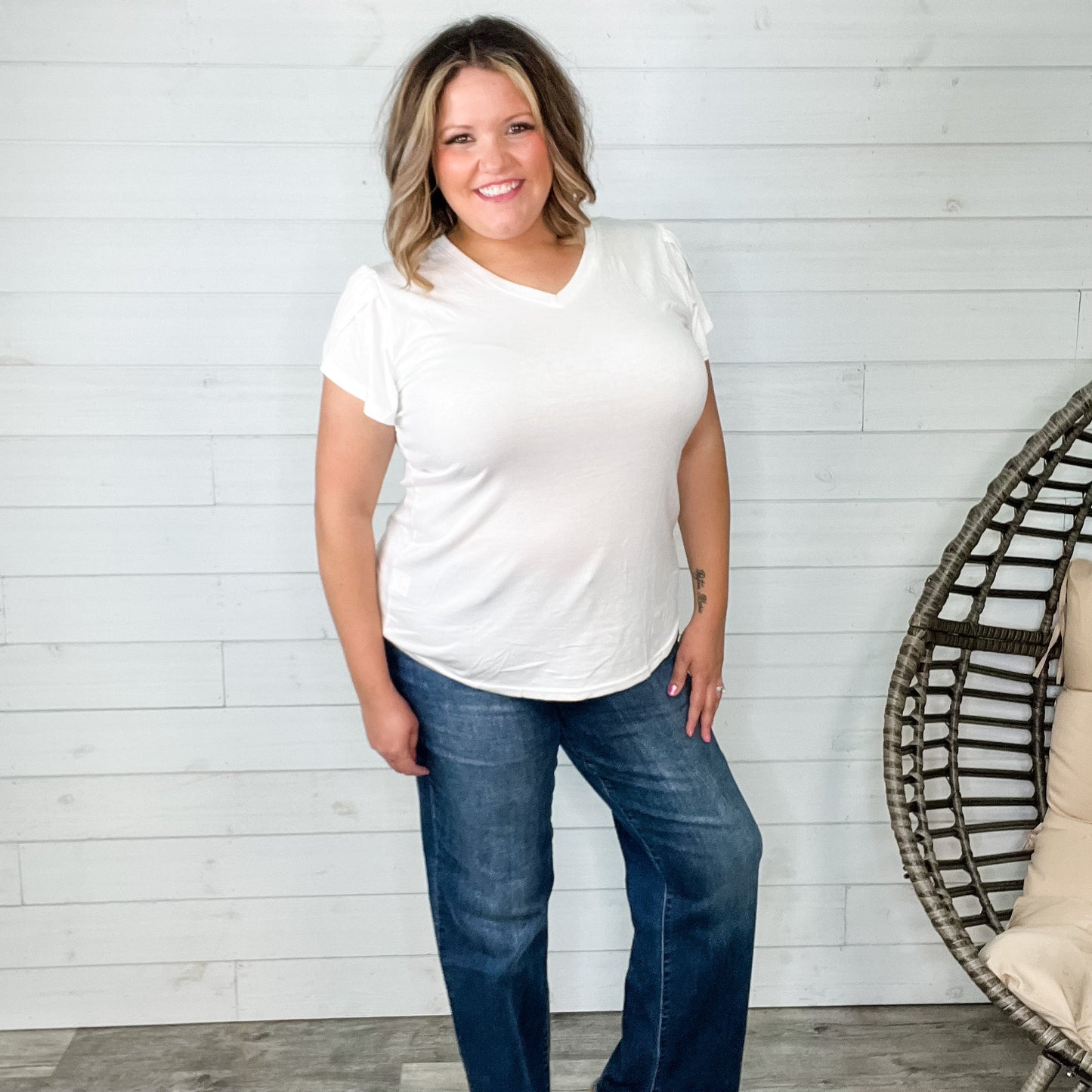 "Just The Beginning" Solid Tulip Sleeve V Neck (White)-Lola Monroe Boutique