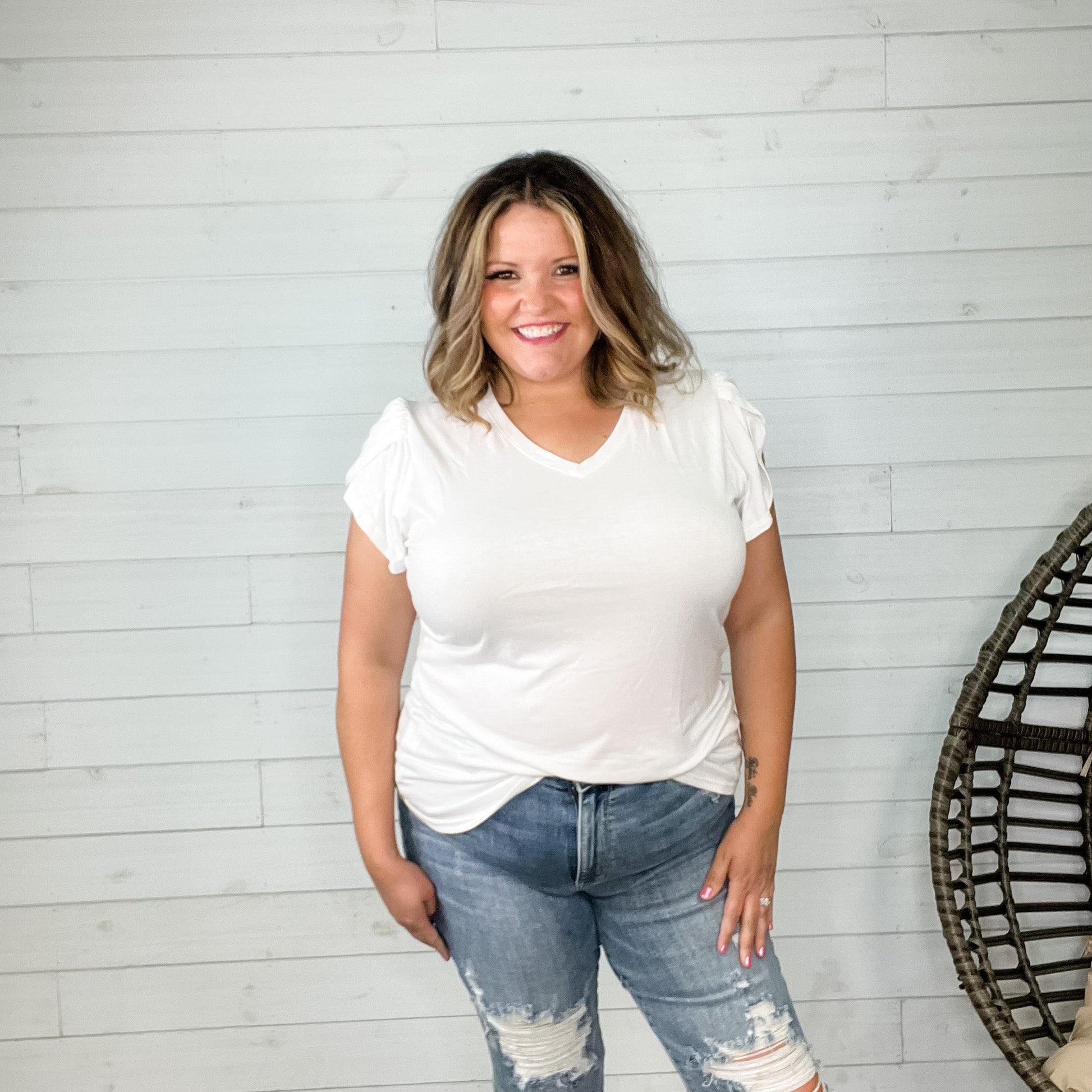 "Just The Beginning" Solid Tulip Sleeve V Neck (White)-Lola Monroe Boutique