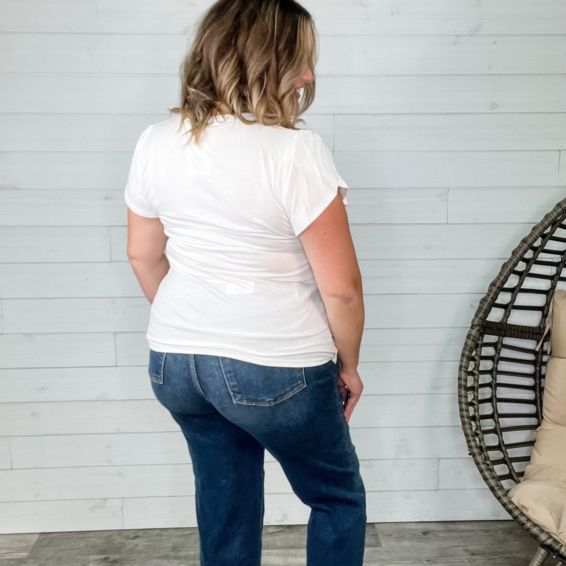 "Just The Beginning" Solid Tulip Sleeve V Neck (White)-Lola Monroe Boutique