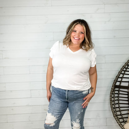 "Just The Beginning" Solid Tulip Sleeve V Neck (White)-Lola Monroe Boutique