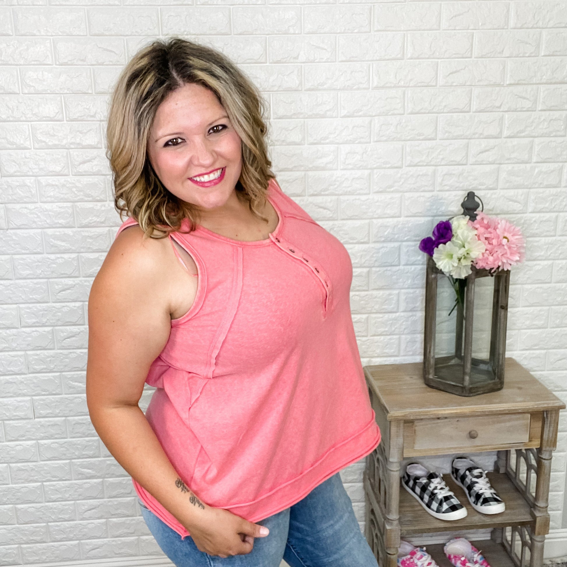 "Justine" Vintage Wash Henley Tank Top (Coral)