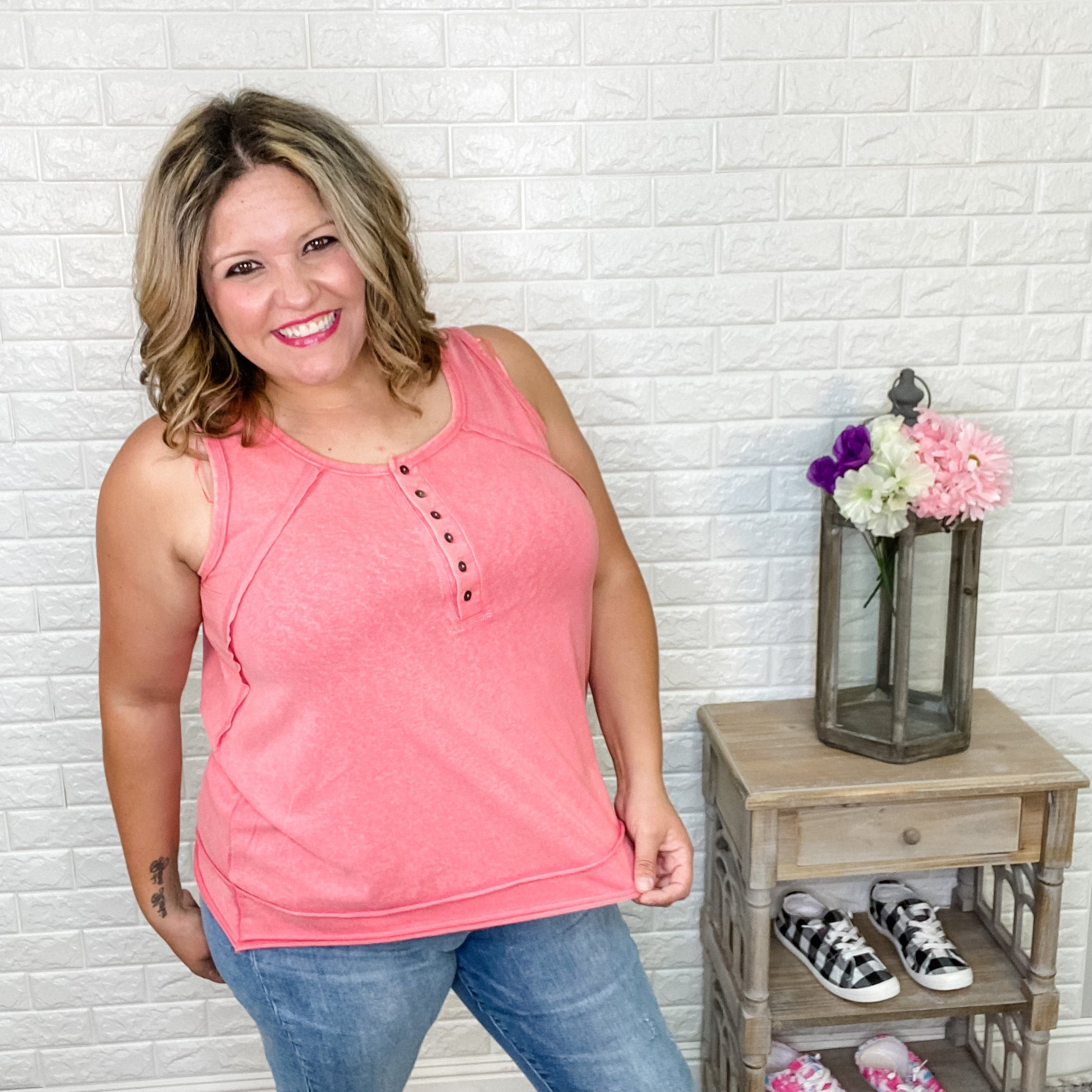 "Justine" Vintage Wash Henley Tank Top (Coral)