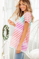 "Kalynn" Short Sleeve Striped V Neck-Lola Monroe Boutique