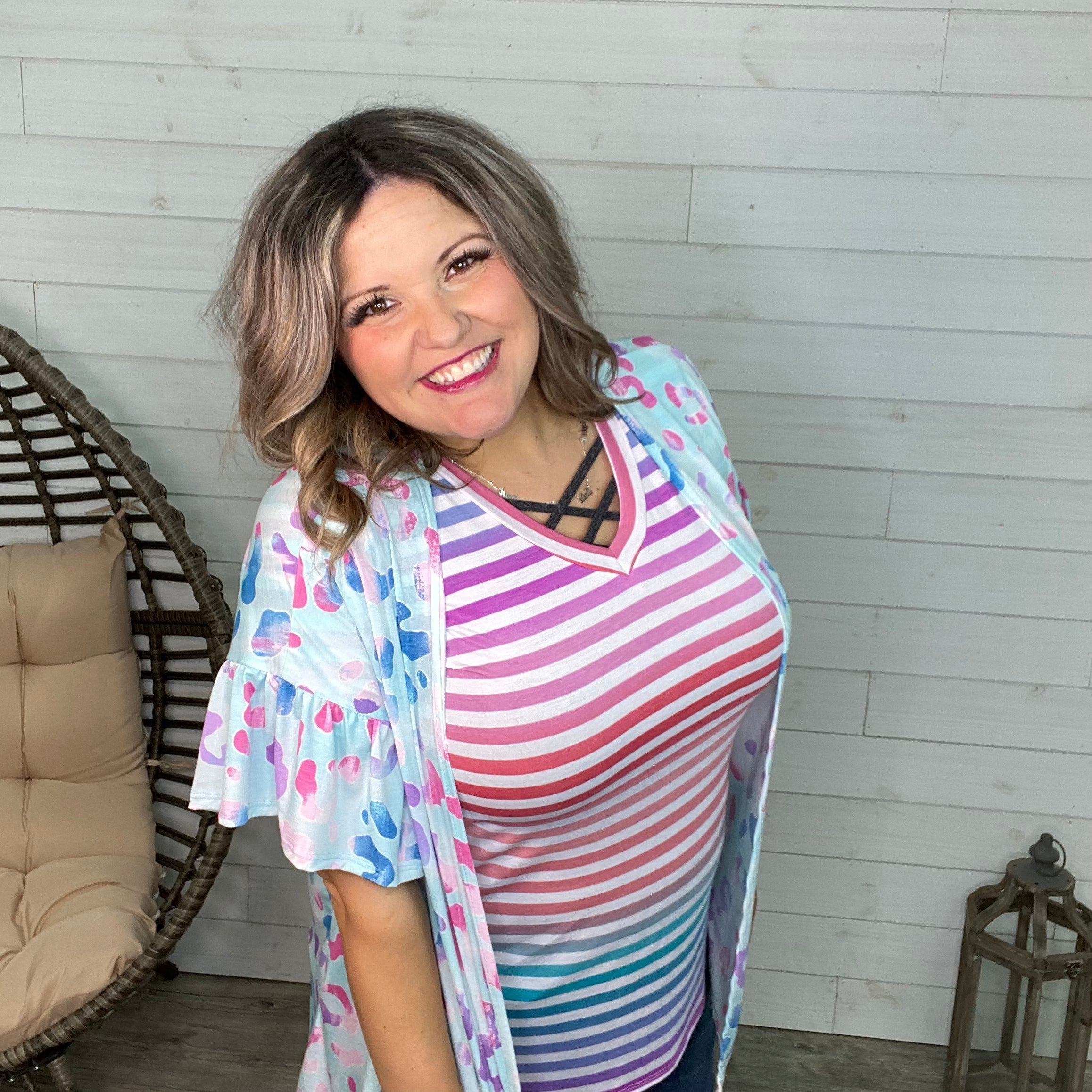 "Kalynn" Short Sleeve Striped V Neck-Lola Monroe Boutique