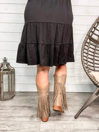 "Kaylee" Floral Embosed Boot with Fringe Detail Side Zipper (Taupe)-Lola Monroe Boutique