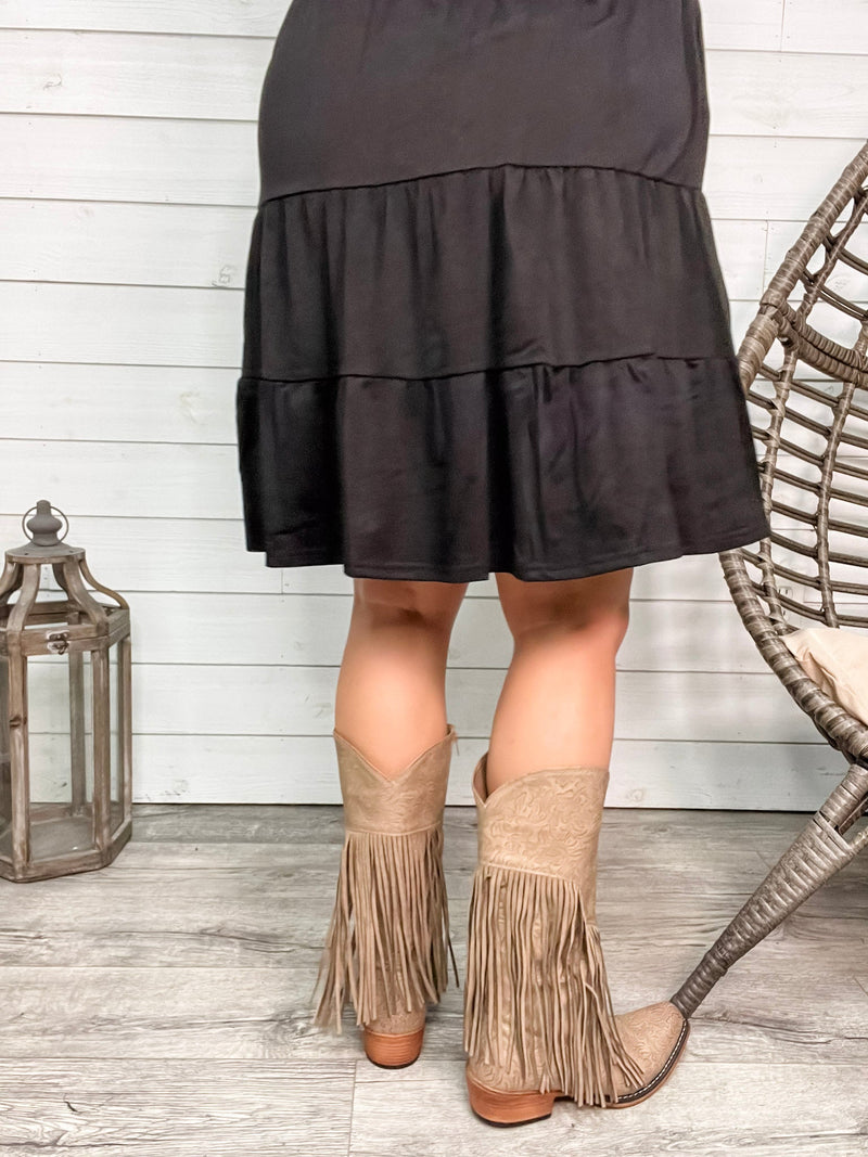 "Kaylee" Floral Embosed Boot with Fringe Detail Side Zipper (Taupe)-Lola Monroe Boutique