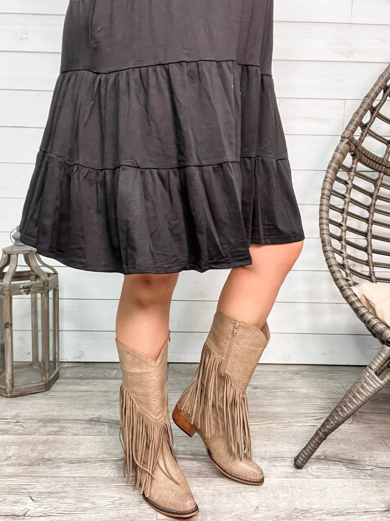 "Kaylee" Floral Embosed Boot with Fringe Detail Side Zipper (Taupe)-Lola Monroe Boutique