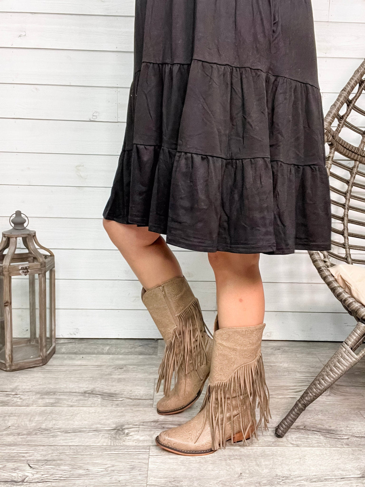 "Kaylee" Floral Embosed Boot with Fringe Detail Side Zipper (Taupe)-Lola Monroe Boutique