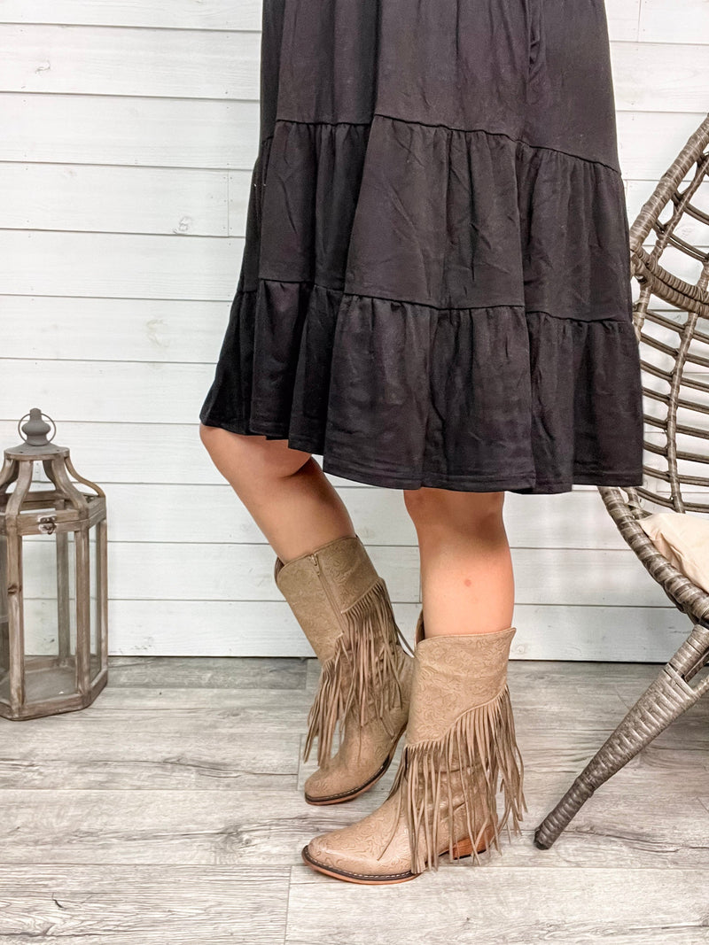 "Kaylee" Floral Embosed Boot with Fringe Detail Side Zipper (Taupe)-Lola Monroe Boutique