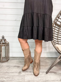 "Kaylee" Floral Embosed Boot with Fringe Detail Side Zipper (Taupe)-Lola Monroe Boutique