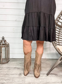 "Kaylee" Floral Embosed Boot with Fringe Detail Side Zipper (Taupe)-Lola Monroe Boutique