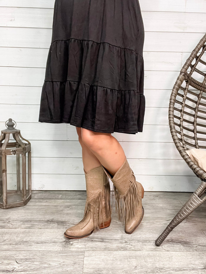 "Kaylee" Floral Embosed Boot with Fringe Detail Side Zipper (Taupe)-Lola Monroe Boutique