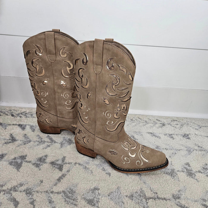 "Kaylee" Western Style Boot with Rose Gold Design (Taupe)