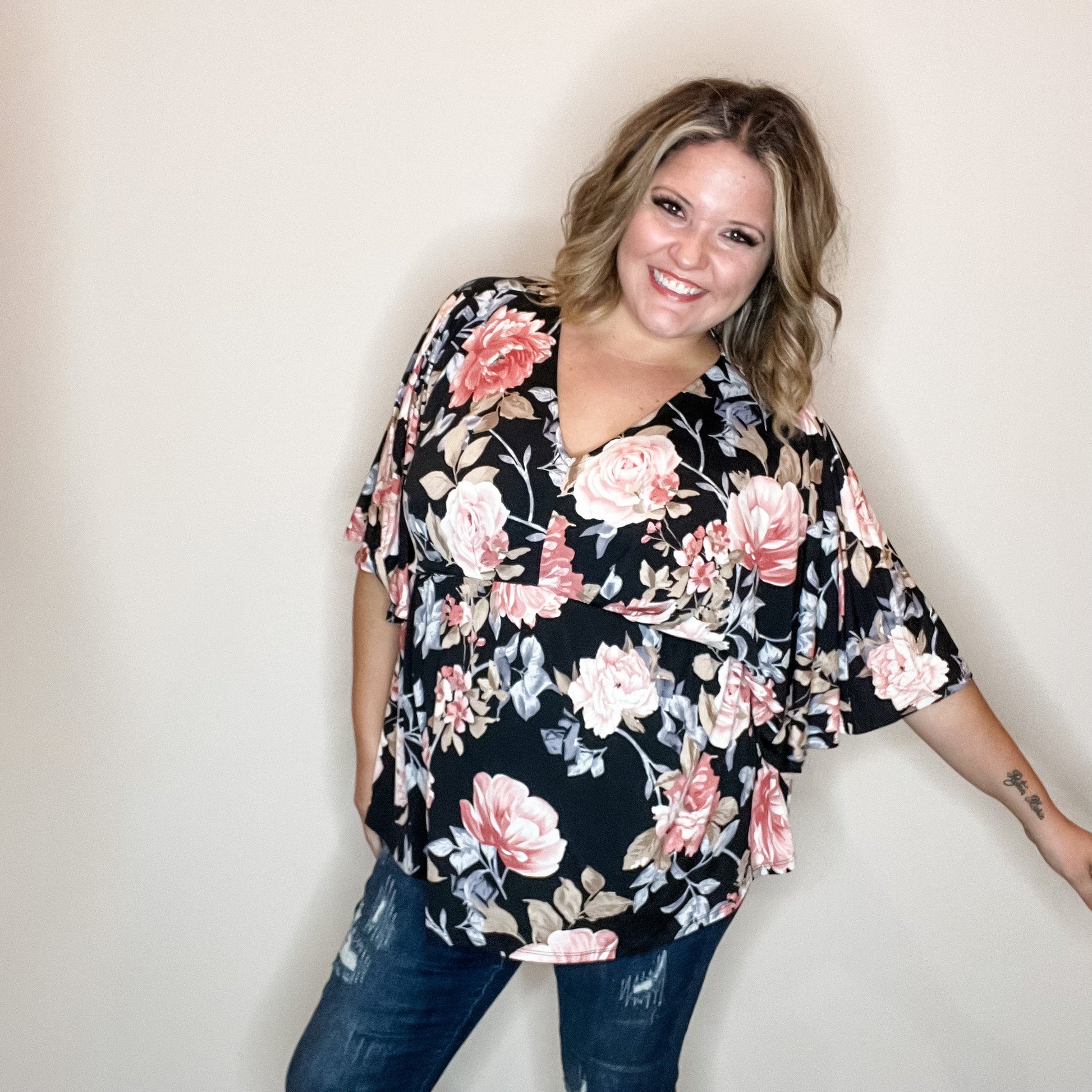 "Keep Moving" Floral V Neck 3/4 Bell Sleeve