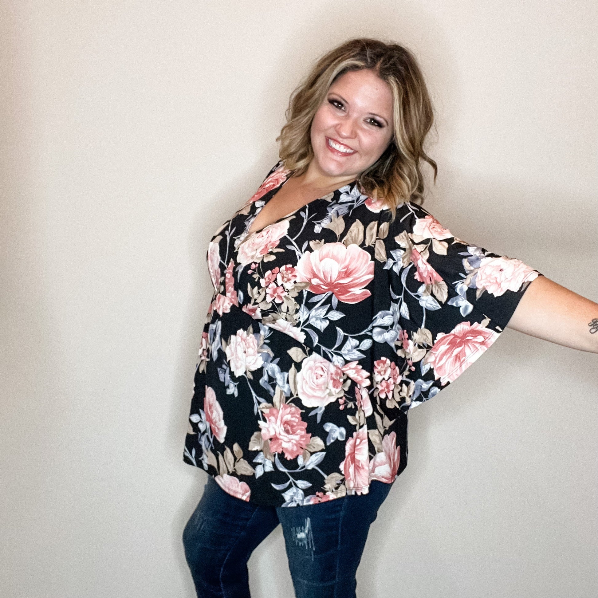 "Keep Moving" Floral V Neck 3/4 Bell Sleeve
