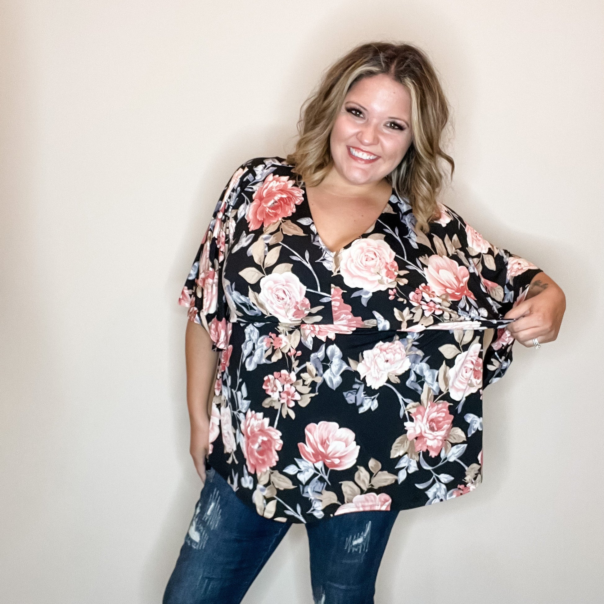 "Keep Moving" Floral V Neck 3/4 Bell Sleeve