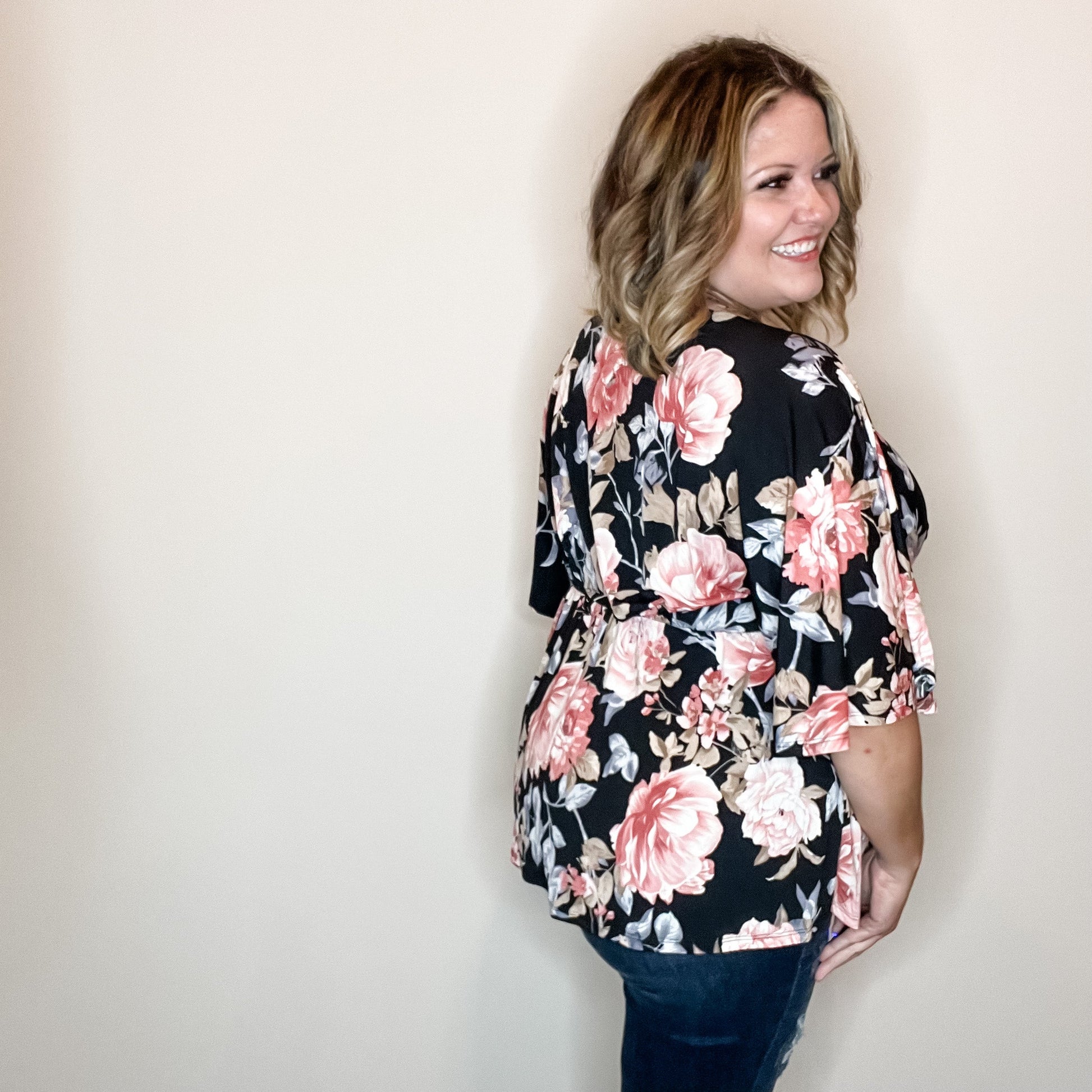 "Keep Moving" Floral V Neck 3/4 Bell Sleeve