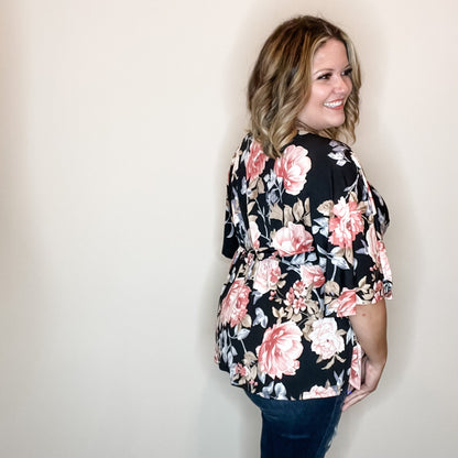 "Keep Moving" Floral V Neck 3/4 Bell Sleeve