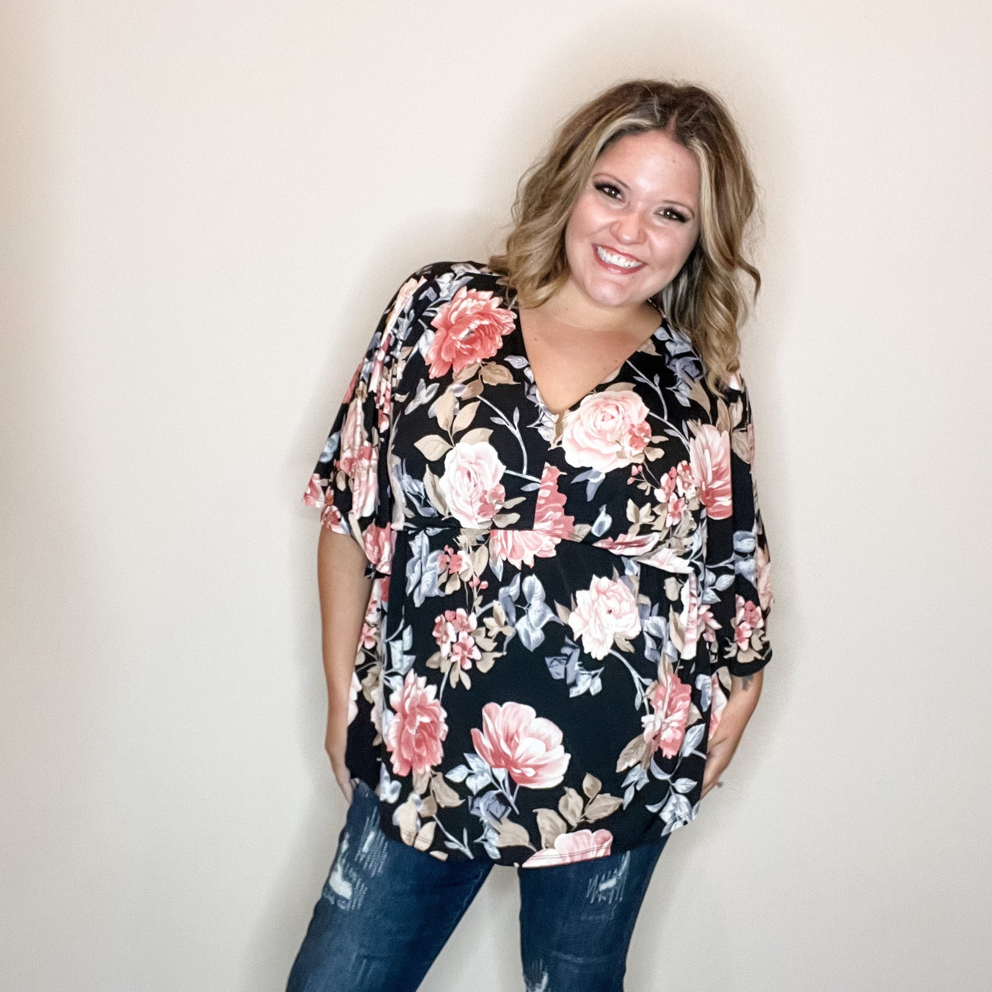 "Keep Moving" Floral V Neck 3/4 Bell Sleeve