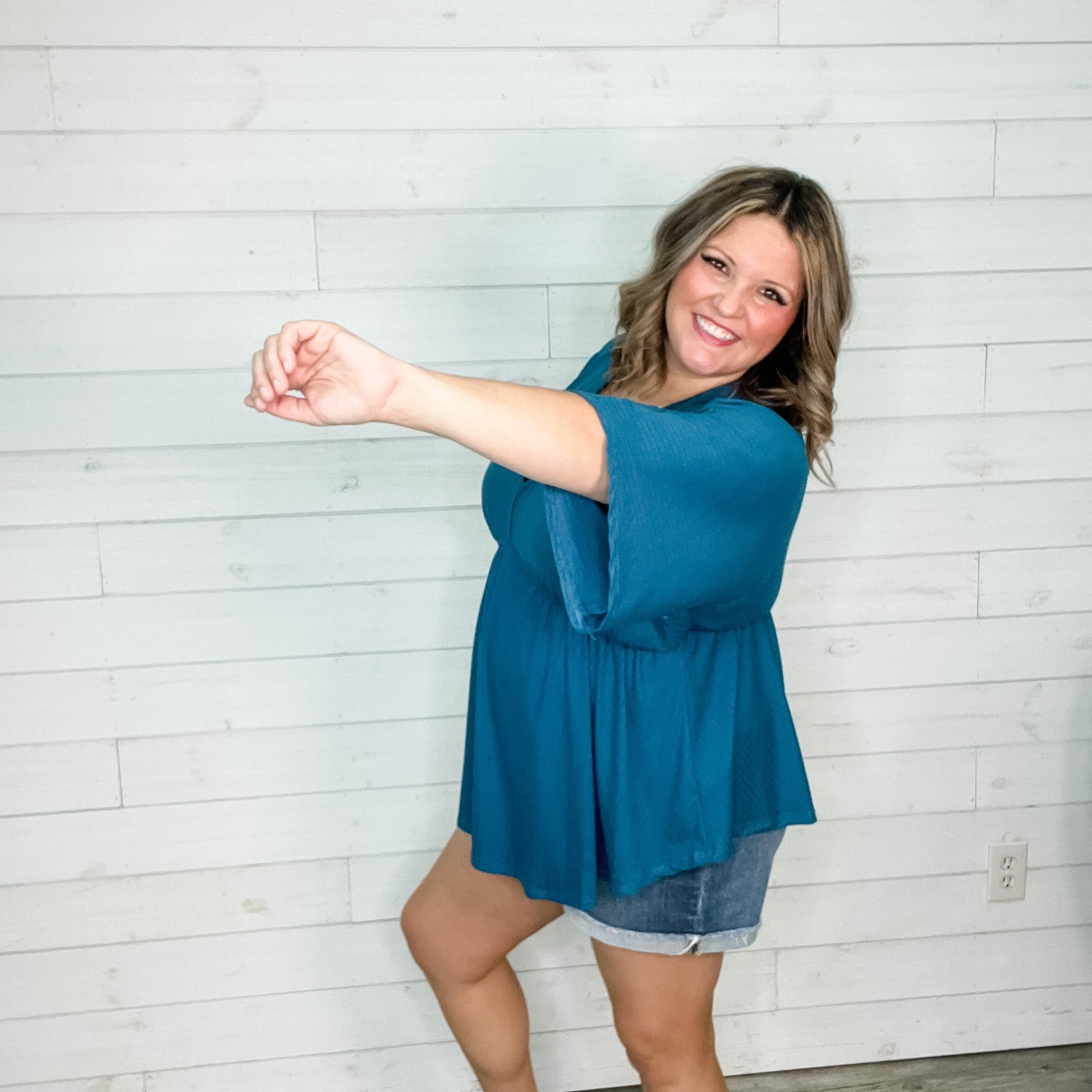 "Kelce" V Neck Dolman Style with Empire Detail (Teal)