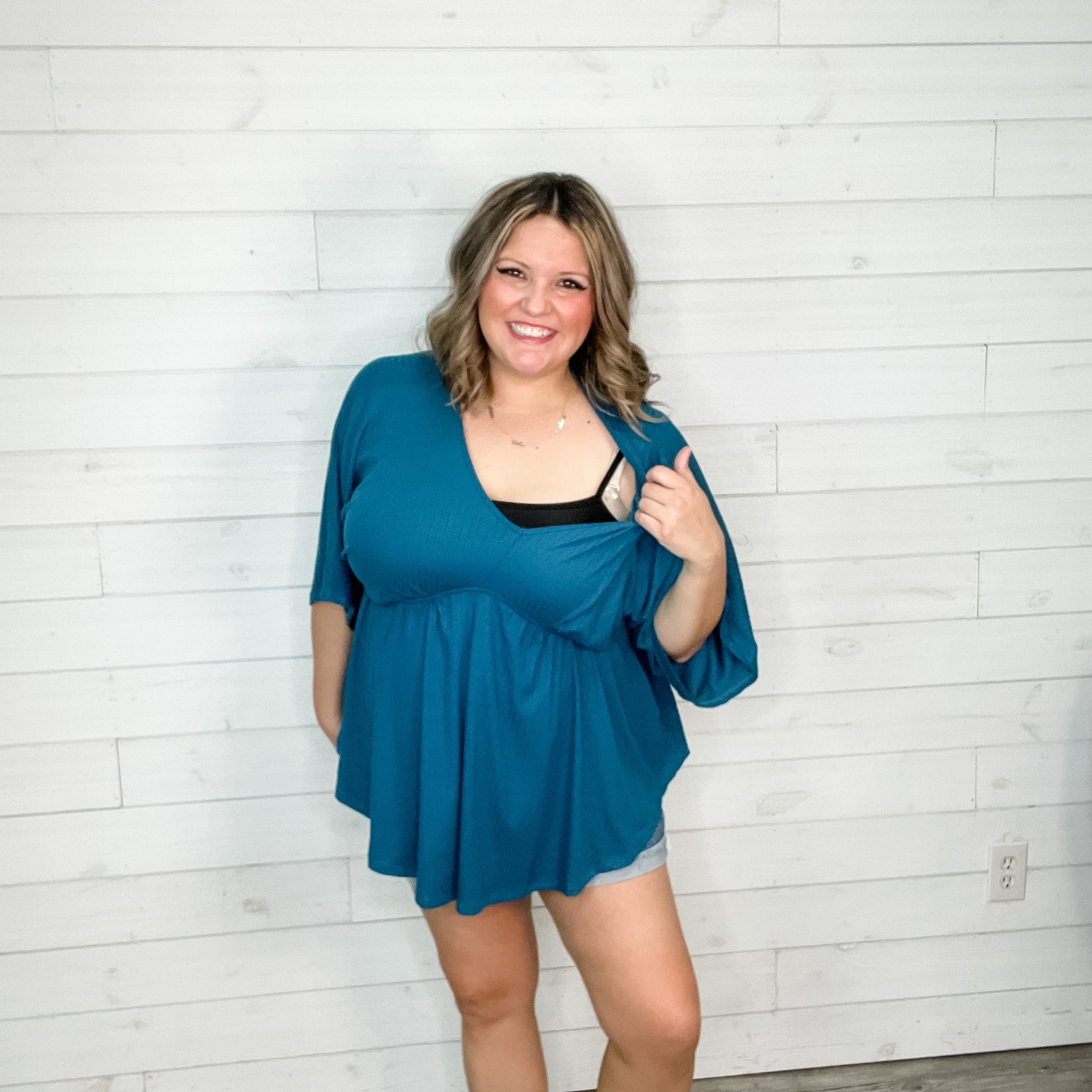 "Kelce" V Neck Dolman Style with Empire Detail (Teal)-Lola Monroe Boutique