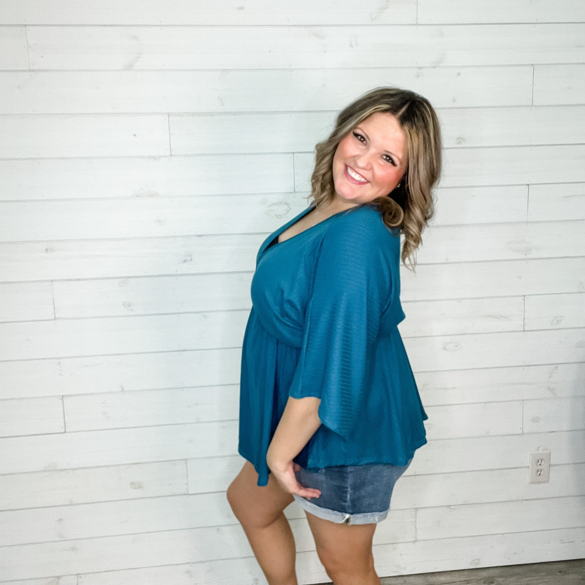 "Kelce" V Neck Dolman Style with Empire Detail (Teal)