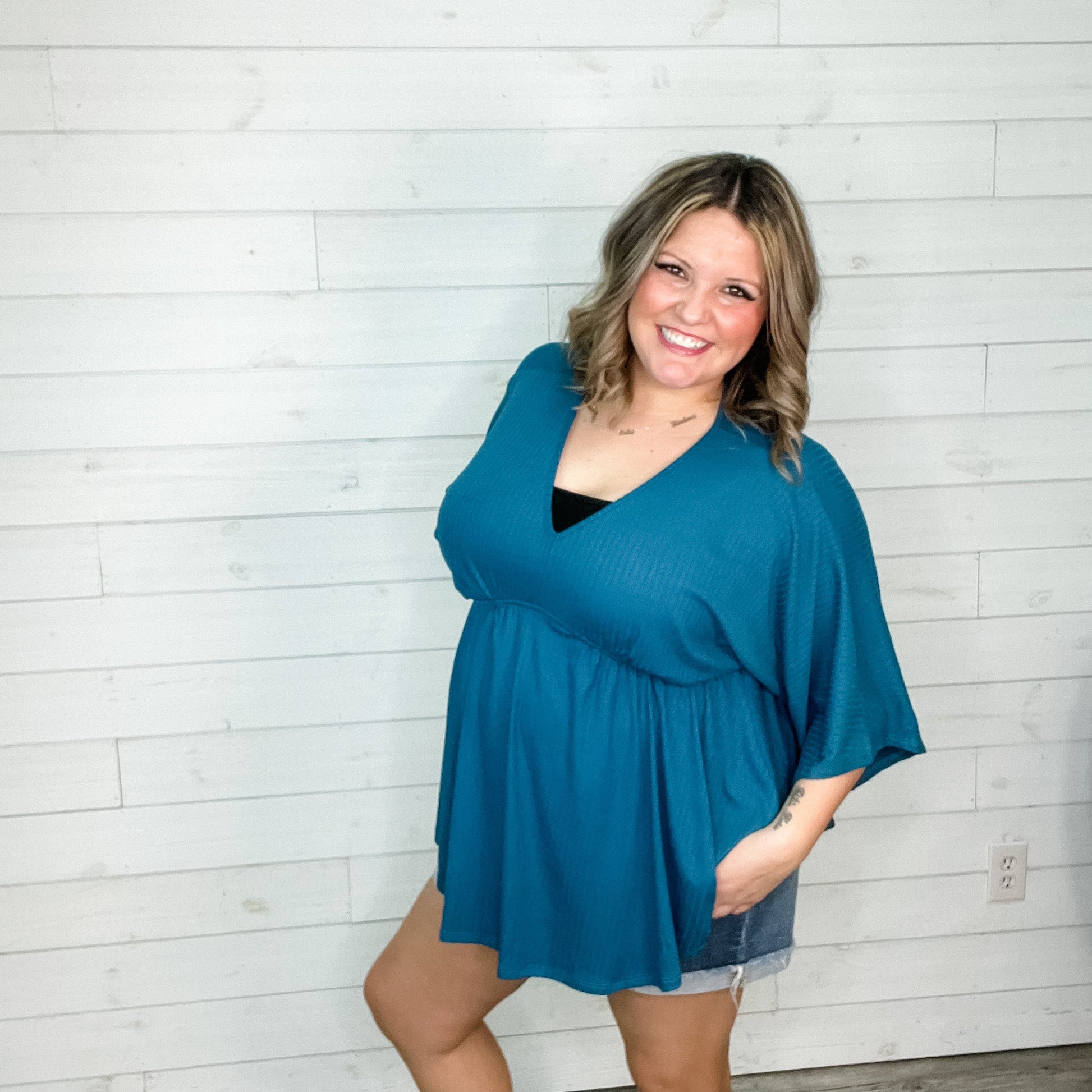 "Kelce" V Neck Dolman Style with Empire Detail (Teal)