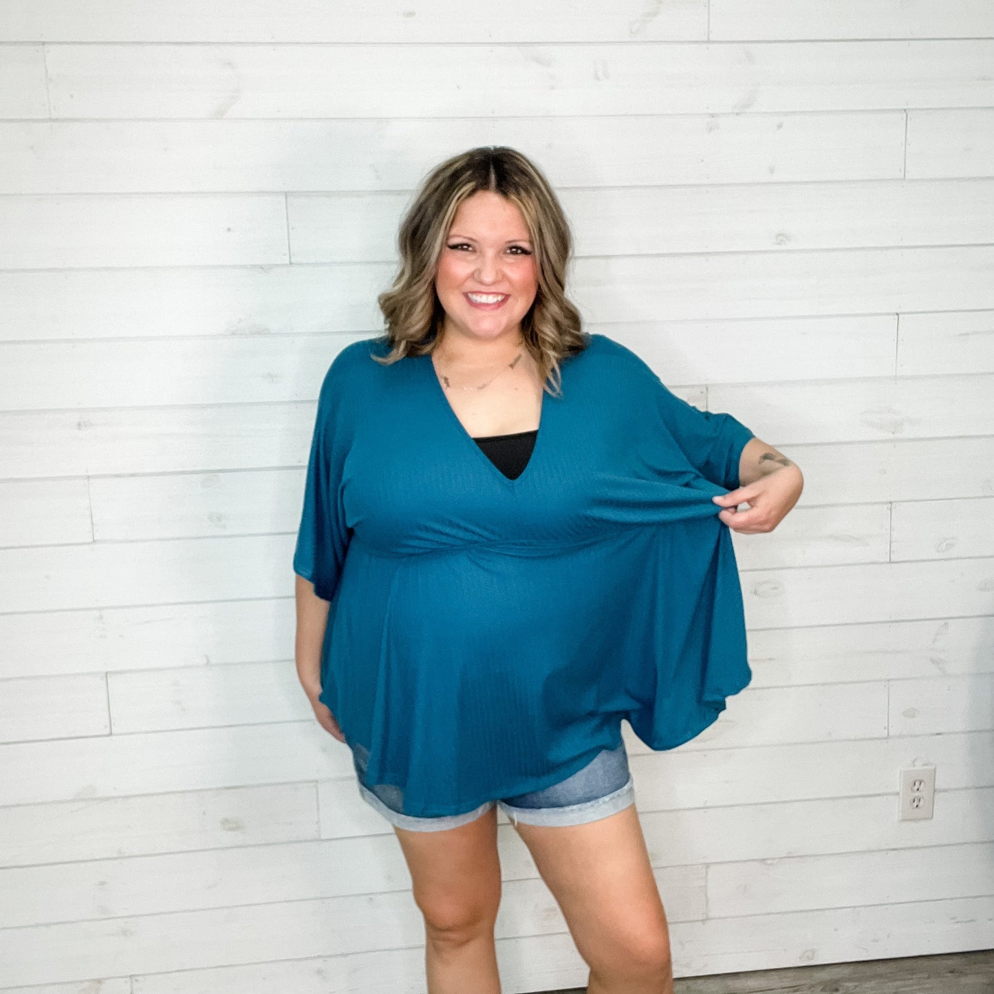 "Kelce" V Neck Dolman Style with Empire Detail (Teal)