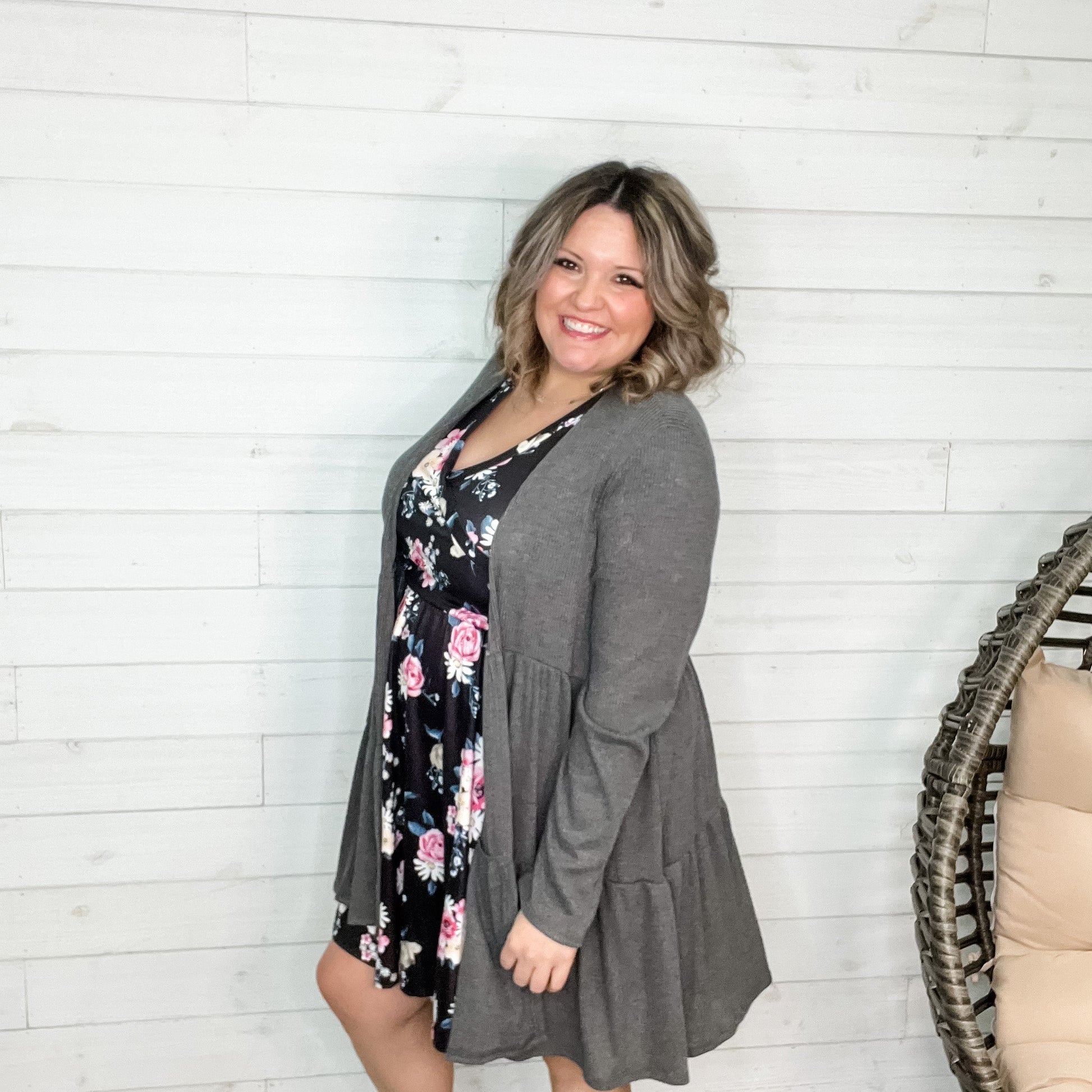 "Kennedy" Ruffle Tier Cardigan. (Charcoal)